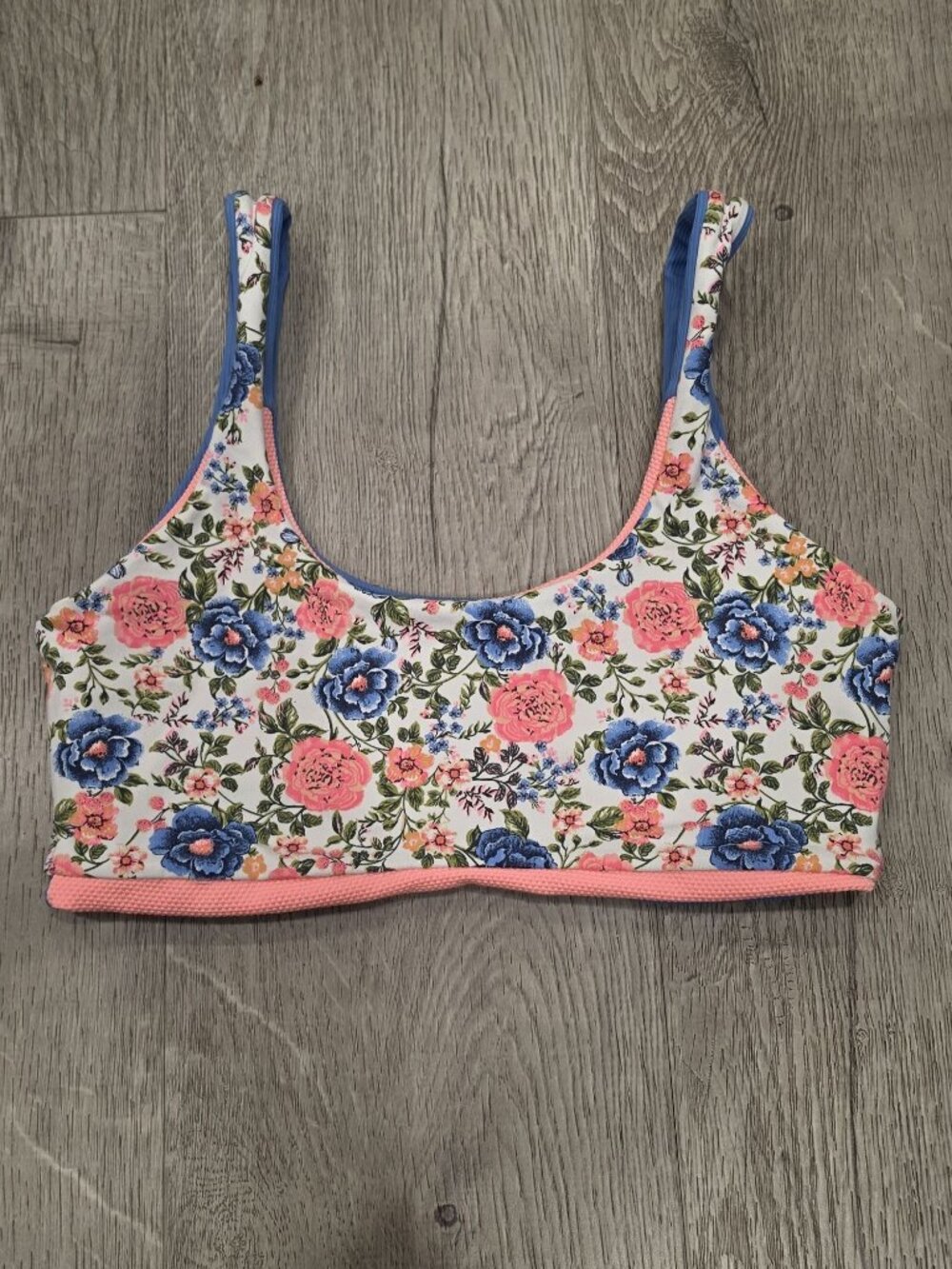 Floral & Striped Reversible Sports Bra - Pink Blue & White - Size S - Stretchy &